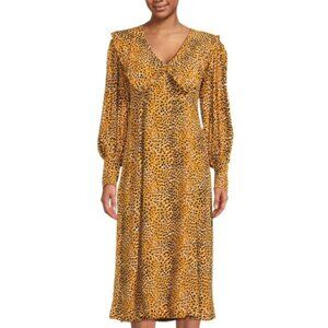 $325 Ganni Pilgrim Collar Animal Print Midi Dress